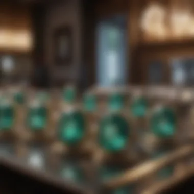 An elegant jewelry store showcasing a variety of loose emeralds in glass displays