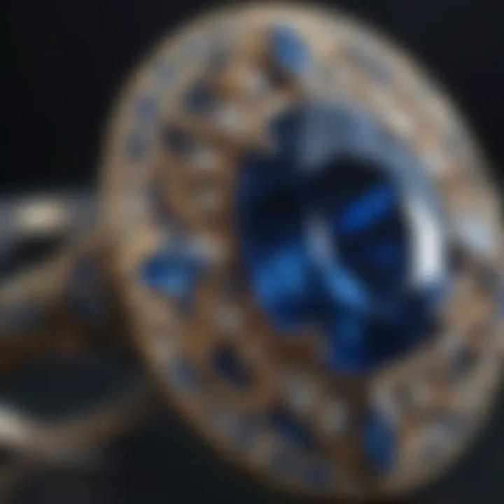 A deep blue sapphire set in an intricate piece of jewelry.