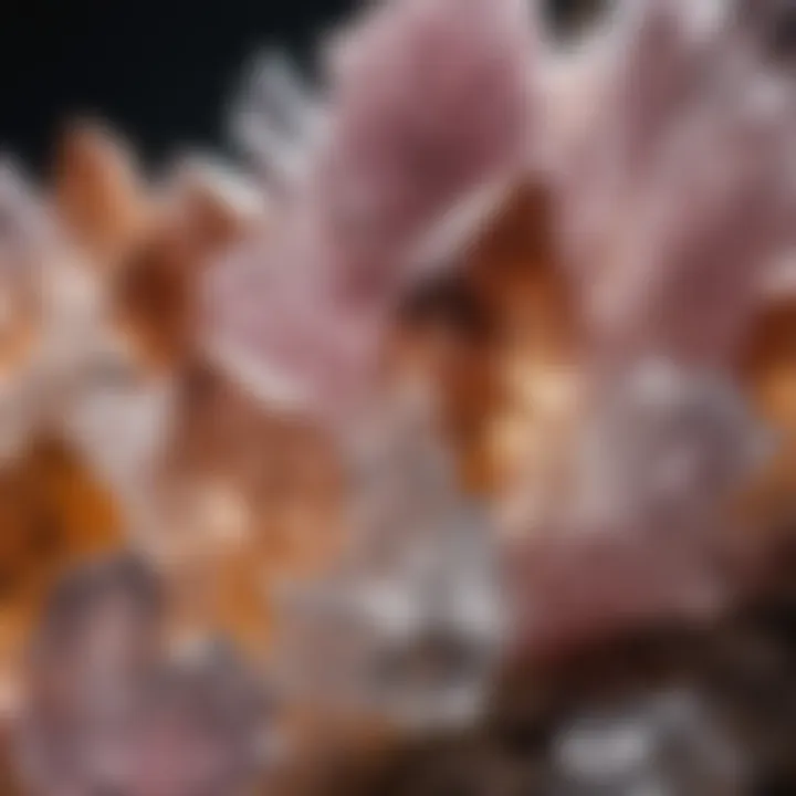 A close-up view of various quartz crystals showcasing their unique colors and formations.