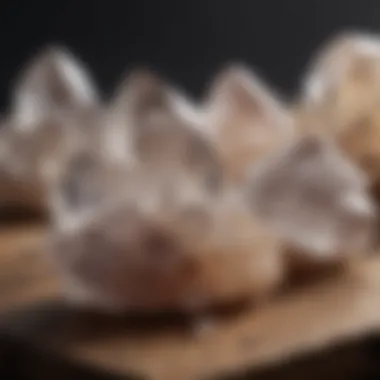 An elegant arrangement of quartz crystals on a natural wooden surface, emphasizing their natural beauty.