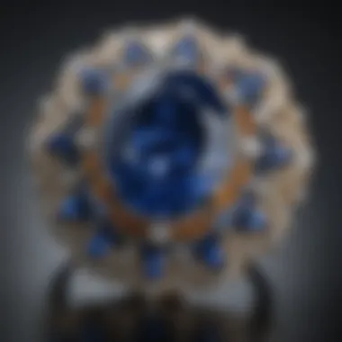 A beautifully designed piece of jewelry featuring a large sapphire center stone surrounded by smaller complementary crystals