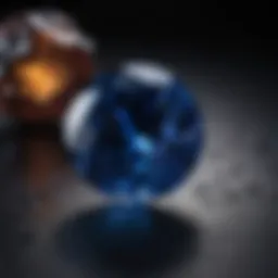 A dazzling sapphire set against a dark background, showcasing its deep blue hue.