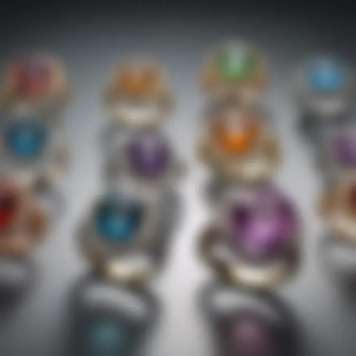 Artistic display of various half carat rings with alternative gemstones