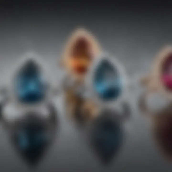 A collection of various gemstones paired with pear shaped princess cut rings