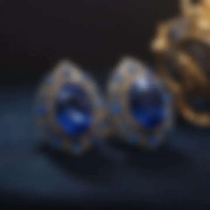 Stylish royal blue earrings displayed on a velvet background