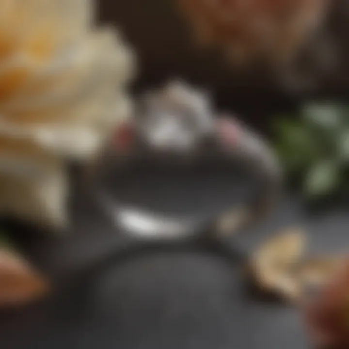 A delicate engagement ring with a vintage design surrounded by floral elements.