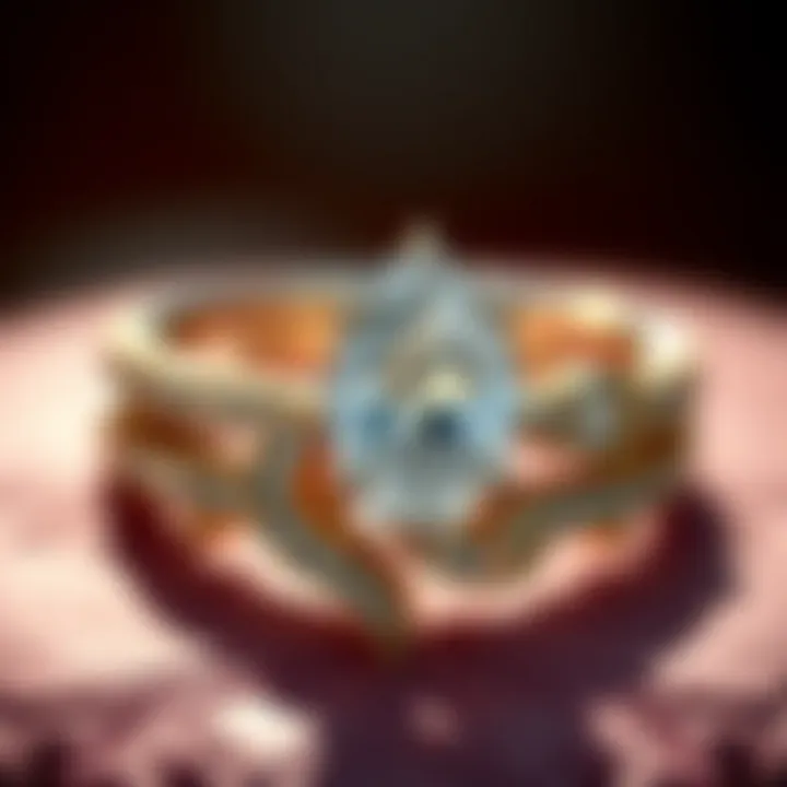 Close-up of a thick band engagement ring showcasing a brilliant gemstone