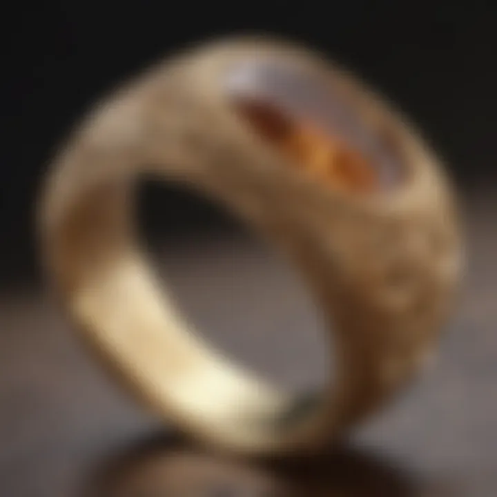 Close-up of a vintage gold ring with intricate engraving