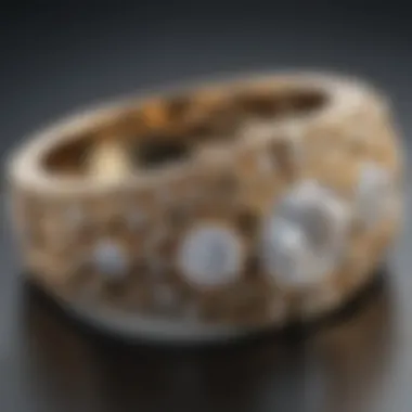 Intricate Gold Band with Diamond Centerpiece Close-up of a masterfully crafted gold band showcasing intricate designs and a sparkling diamond centerpiece.
