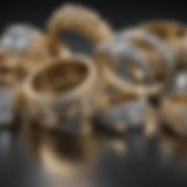 Stunning Display of Diamond Rings and Gold Bands A stunning display of diamond rings and gold bands arranged artistically to highlight their beauty and craftsmanship.