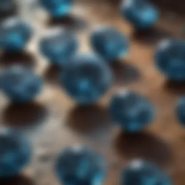 A close-up view of raw blue diamonds, highlighting their unique geological formations and colors.