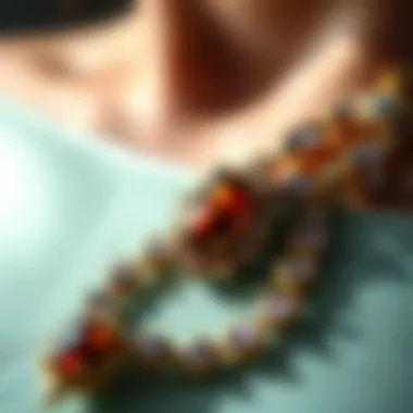 Close-up of a luxurious necklace featuring unique gemstone settings