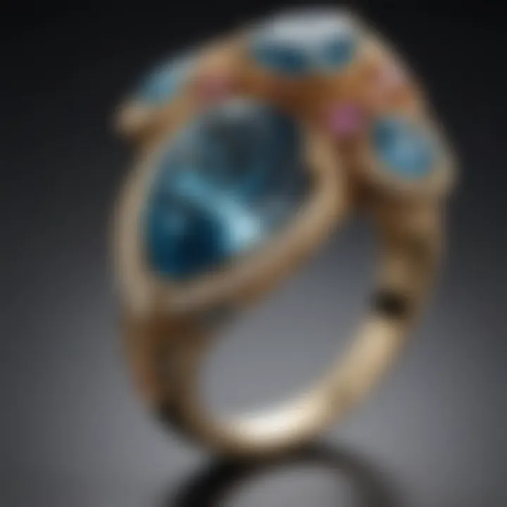 Close-up of a tear-shaped ring showcasing brilliant gemstones