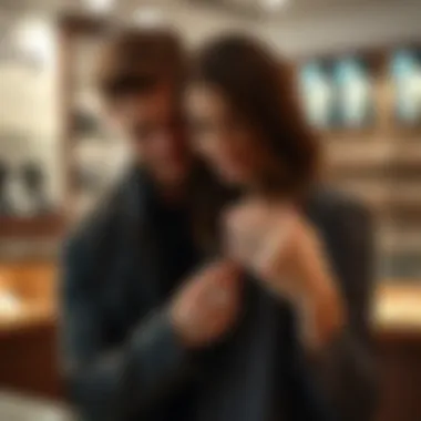 A modern couple exploring engagement ring styles together at a jewelry store, illustrating contemporary relationship trends