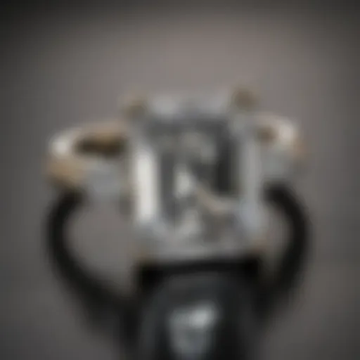 Elegant rectangle shape diamond ring resting on a velvet surface