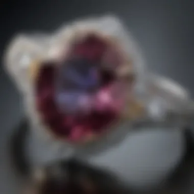 A close-up of a modern engagement ring with a unique gemstone