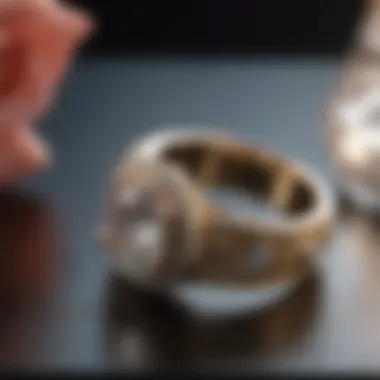 A close-up of a wedding ring on display