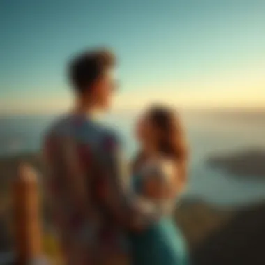 A scenic view of a couple on a getaway, embracing together