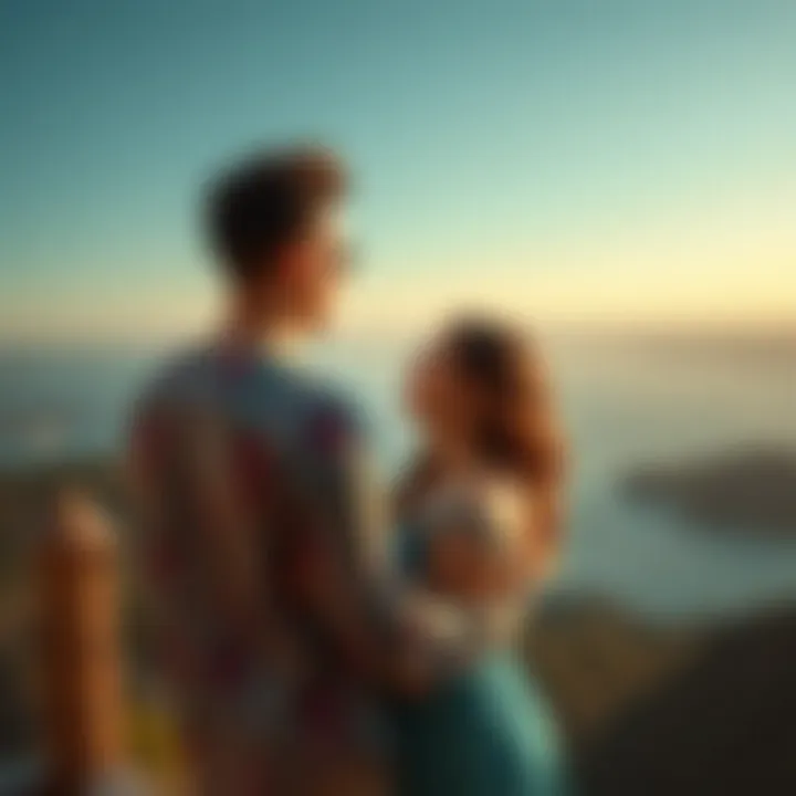 A scenic view of a couple on a getaway, embracing together