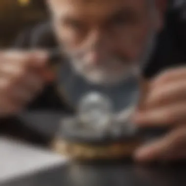 A magnifying glass focusing on a diamond with a certificate in the background