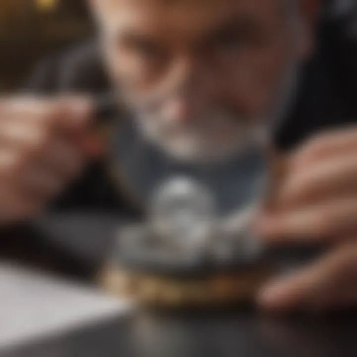 A magnifying glass focusing on a diamond with a certificate in the background