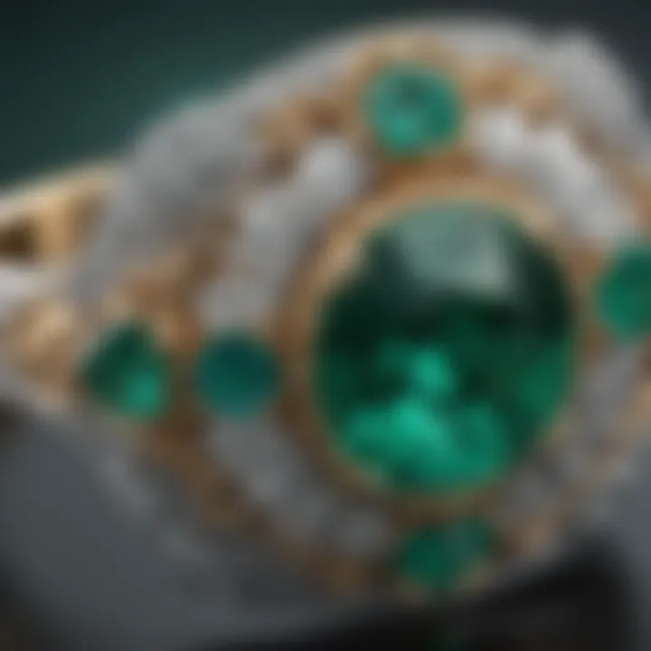 Close-up view of a stunning emerald engagement ring showcasing its vibrant green hue and intricate design.