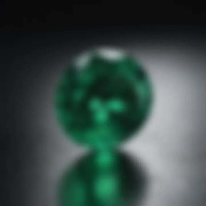 Close-up view of a vibrant emerald gemstone showcasing its rich green hue