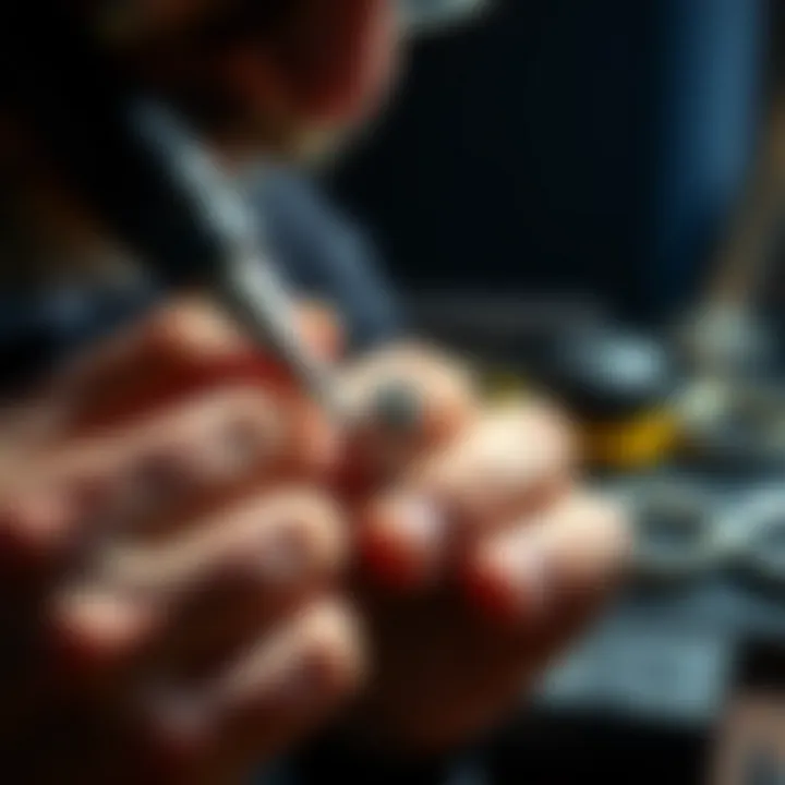 A jeweler carefully resizing a ring with professional tools