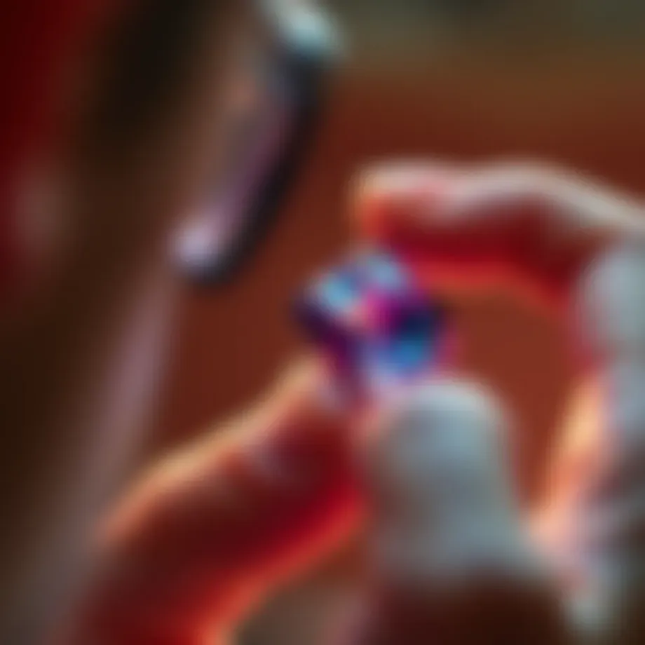 Close-up of a gemstone being evaluated by a GIA gemologist