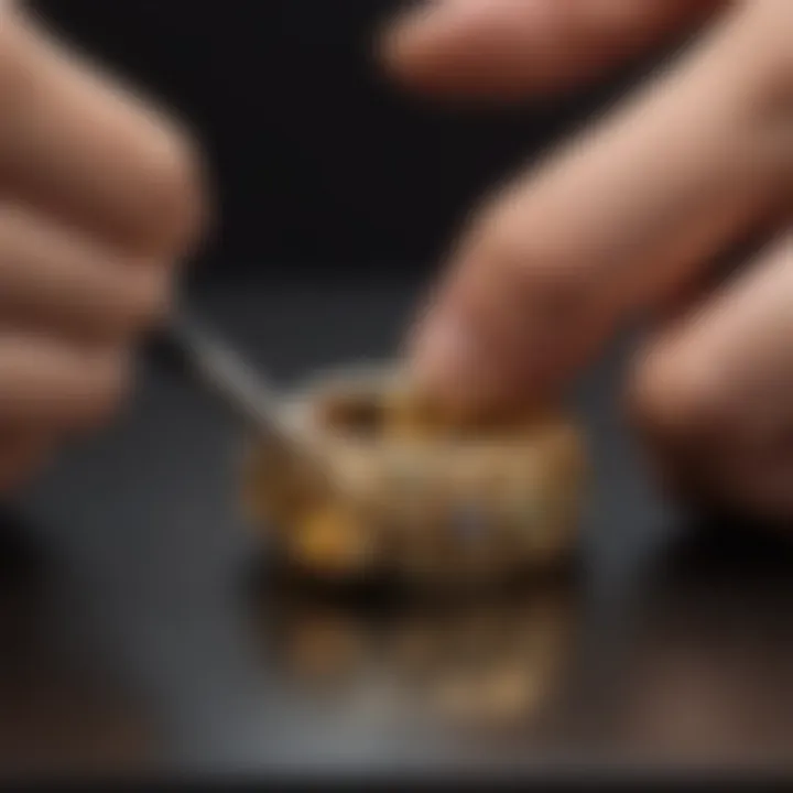 An appraiser examining a 14k gold ring with professional tools.