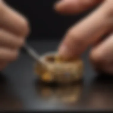 Professional Appraisal of a 14k Gold Ring An appraiser examining a 14k gold ring with professional tools.