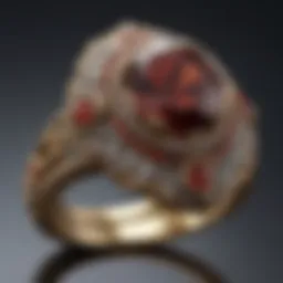 Close-up of a vintage garnet wedding ring set showcasing intricate detailing