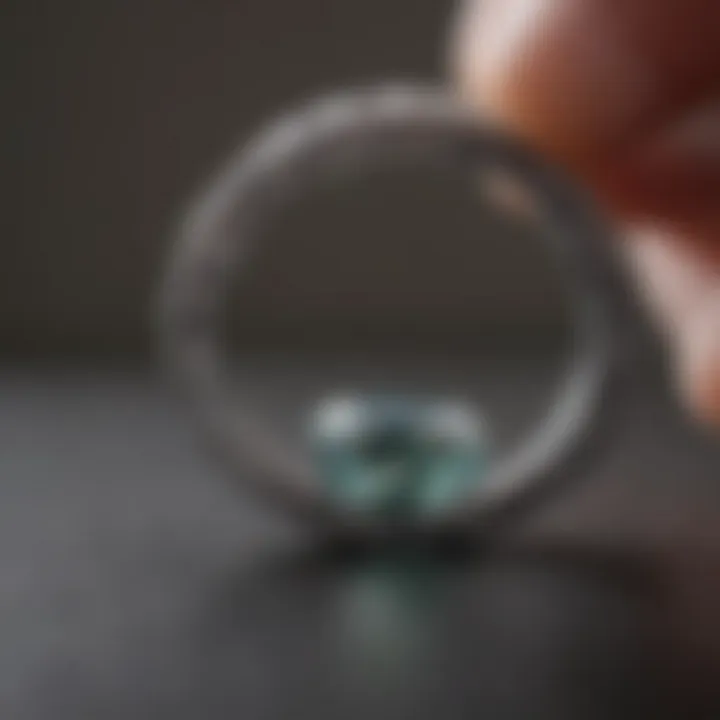 Close-up of a ring being measured with thread