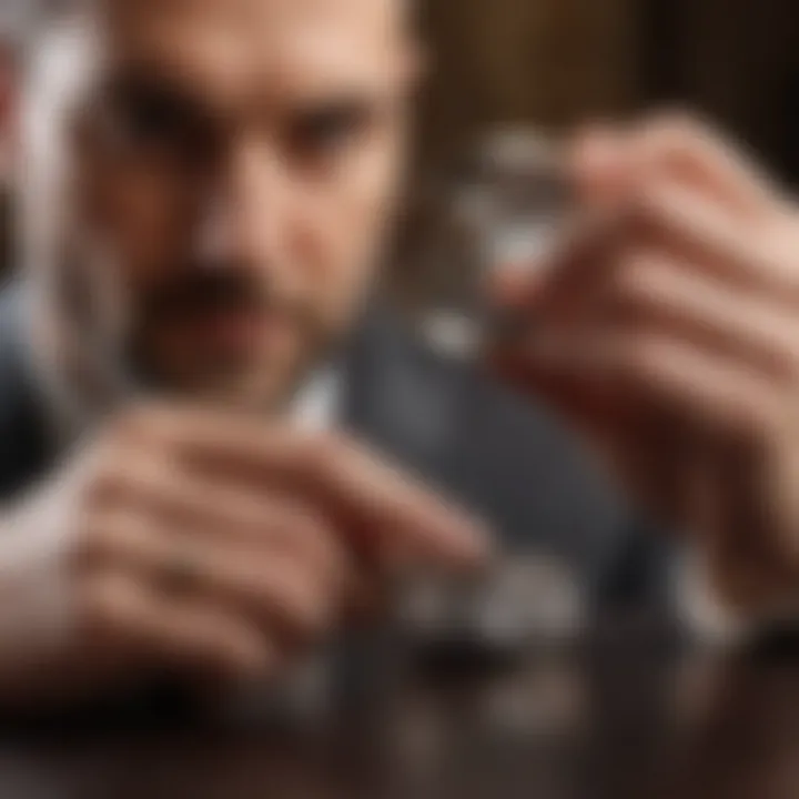 An expert appraiser examining a wedding ring with a magnifying glass, highlighting the details.