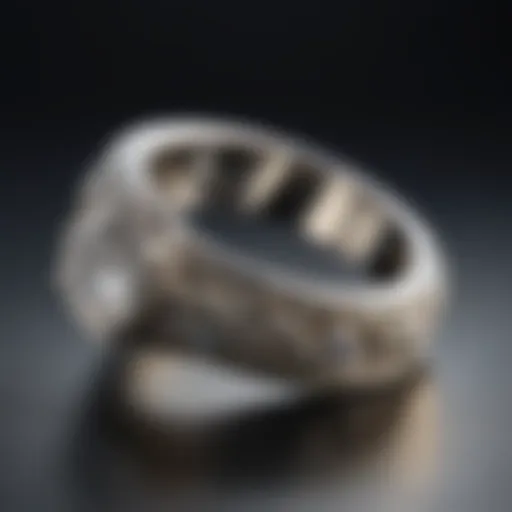 A close-up of a wedding ring glistening under soft light, emphasizing its intricate design.